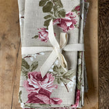 Lina galda salvetes ar šaurām maliņām, vintage rožu dizains, dažādi izmēri